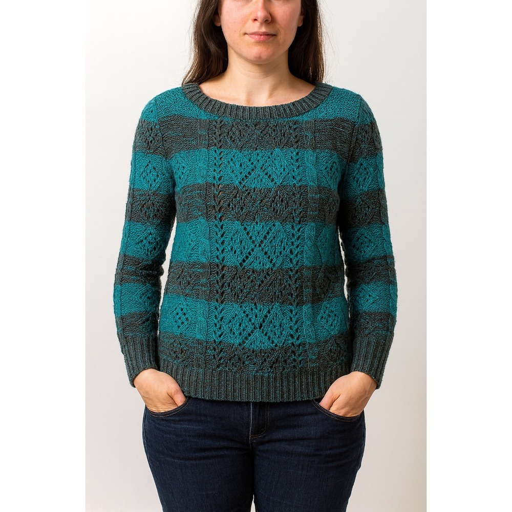 Fang L‎ turquoise gray striped long sleeve knit pullover sweater winter coastal